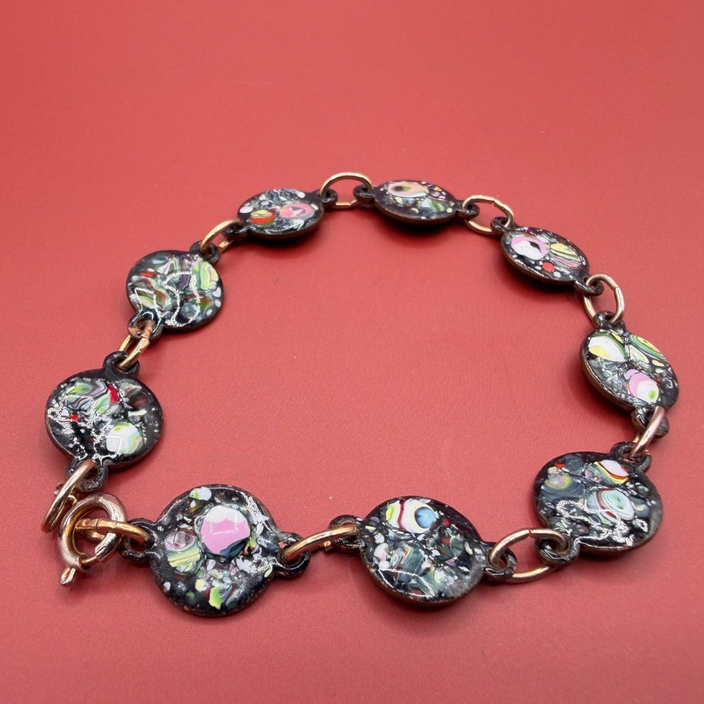 Millefiori Style Black Glass Disc Link Bracelet Gold Tone Boho Statement Gift